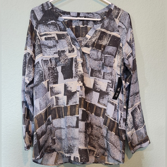 Nic + Zoe Shirt Tunic Silk Viscose Blue Geometric Patchwork Long Sleeve Nwt XS - Picture 4 of 8